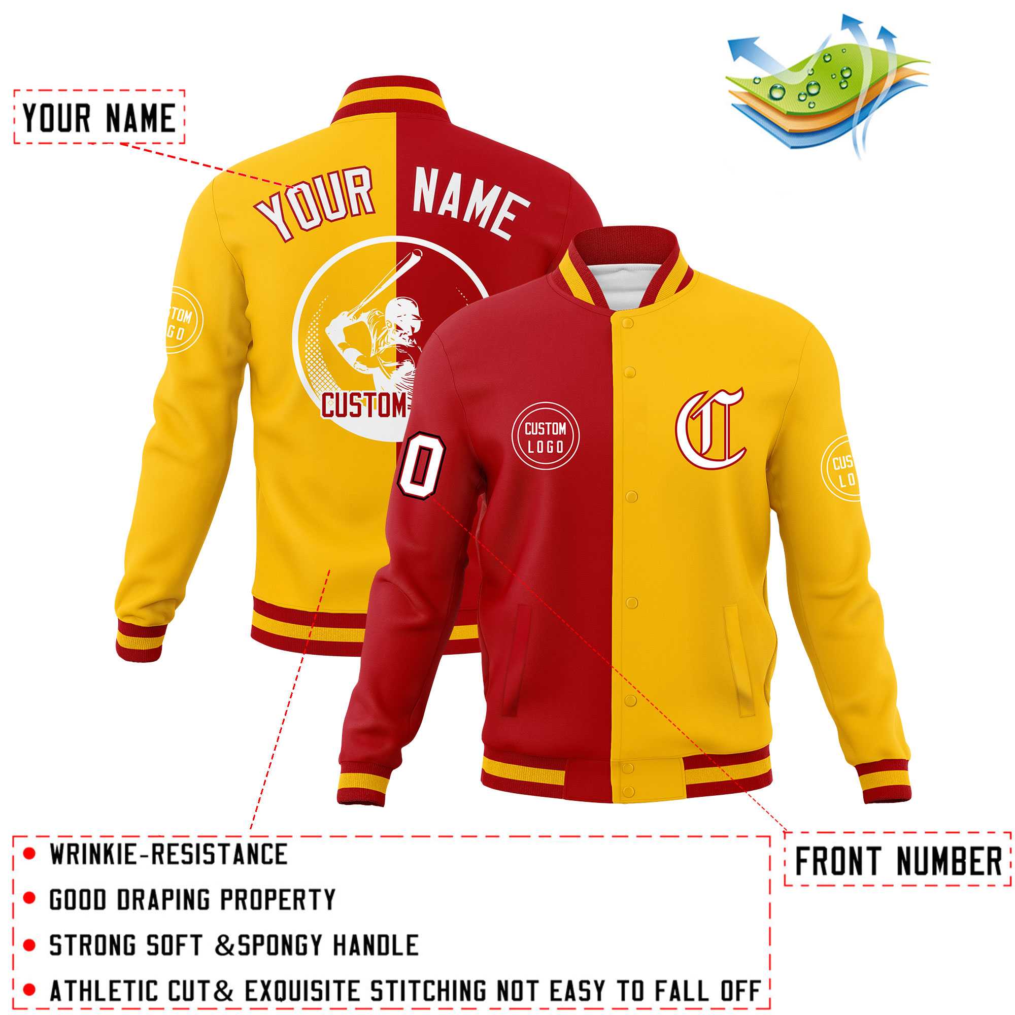 Custom Red Gold Varsity Full-Snap Split Letterman Baseball Jacket