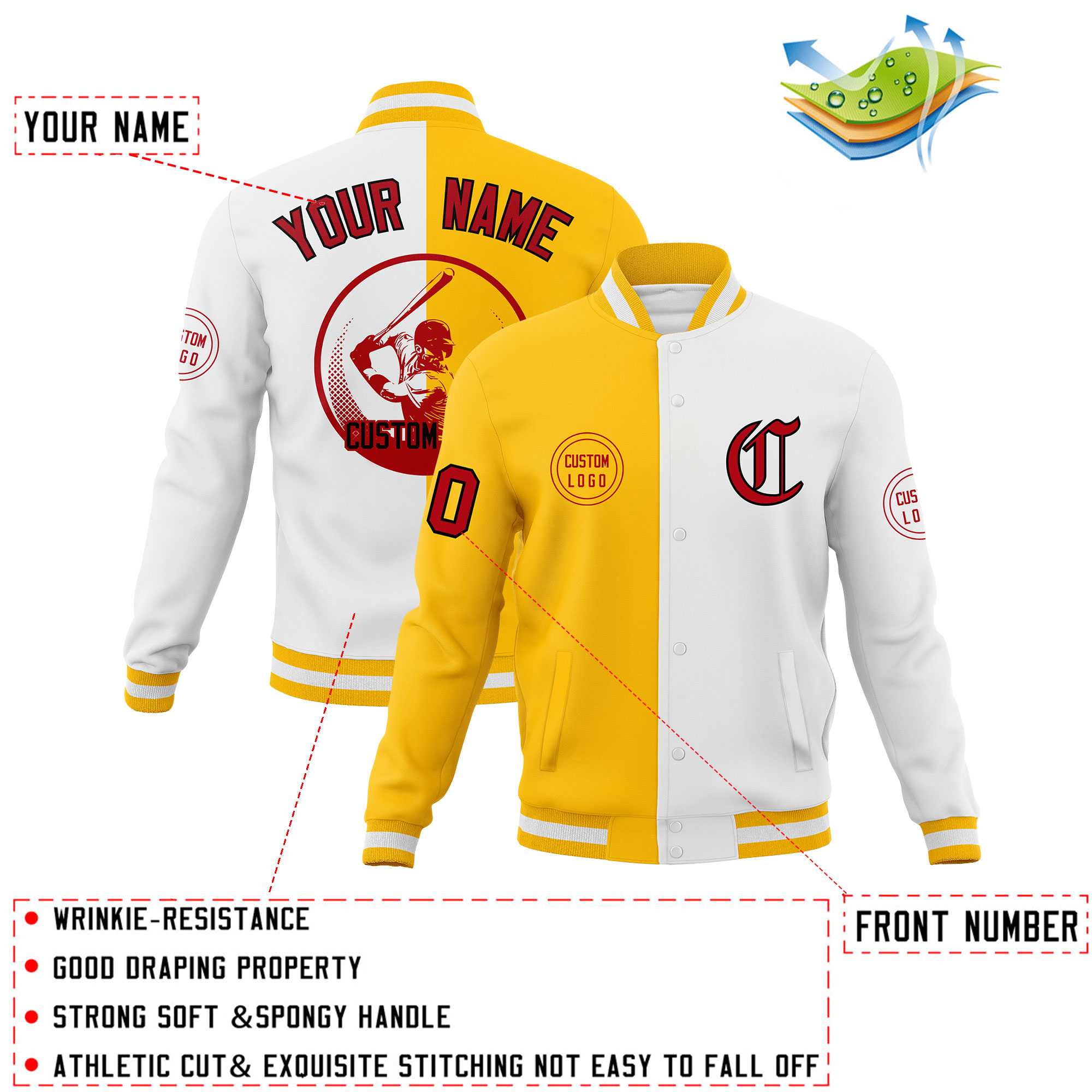 Custom Gold White Varsity Full-Snap Split Letterman Baseball Jacket