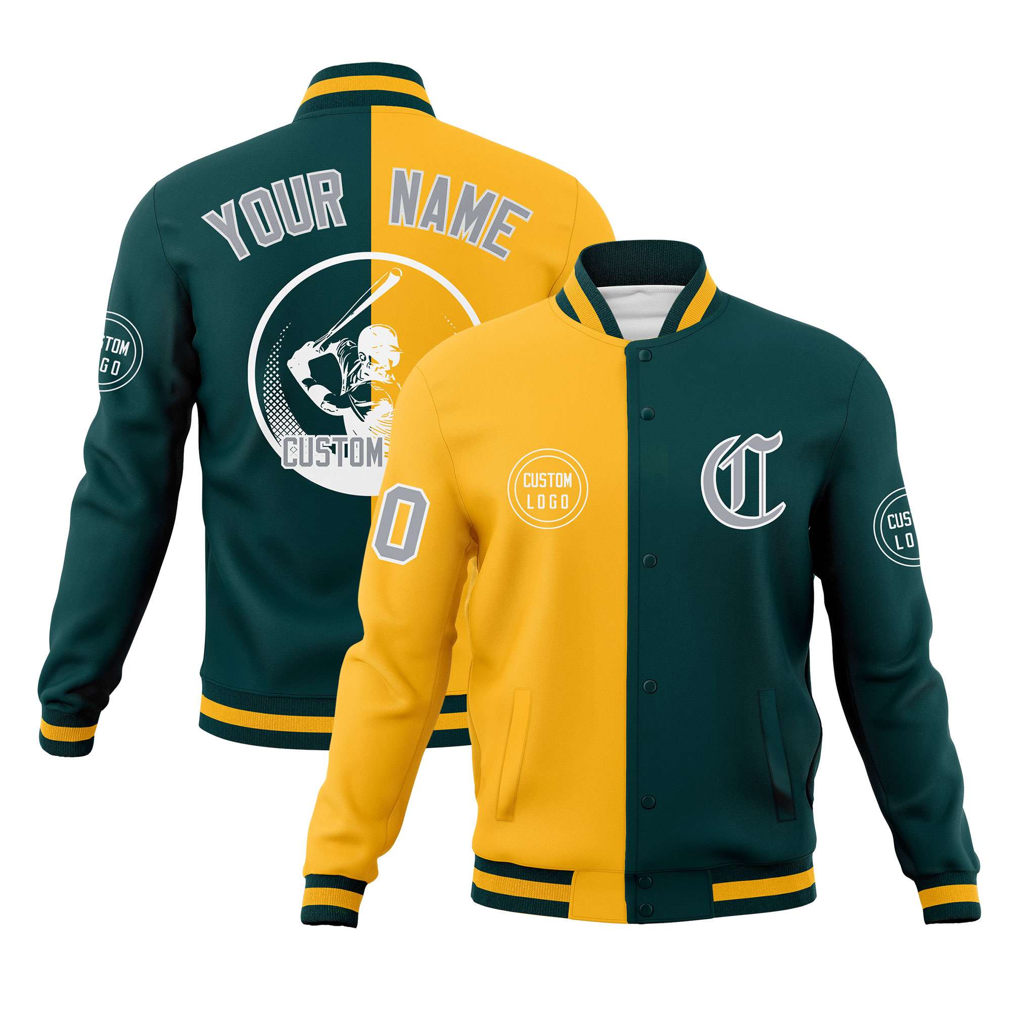 Custom Gold Midnight Green Varsity Full-Snap Split Letterman Baseball Jacket