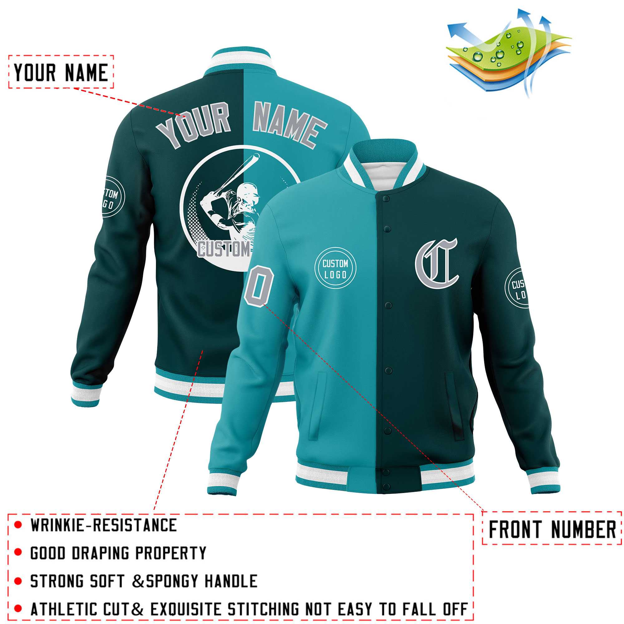 Custom Aqua Midnight Green Varsity Full-Snap Split Letterman Baseball Jacket