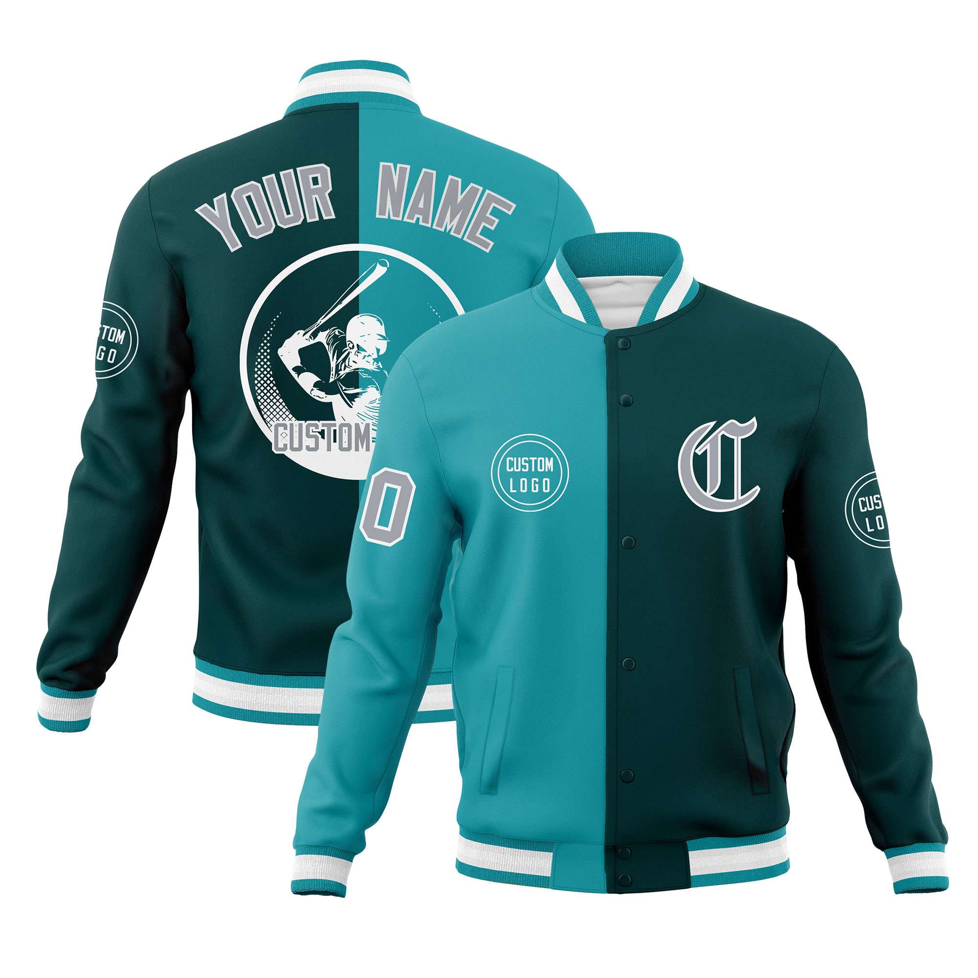 Custom Aqua Midnight Green Varsity Full-Snap Split Letterman Baseball Jacket