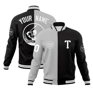 Custom Black Gray Varsity Full-Snap Split Letterman Baseball Jacket