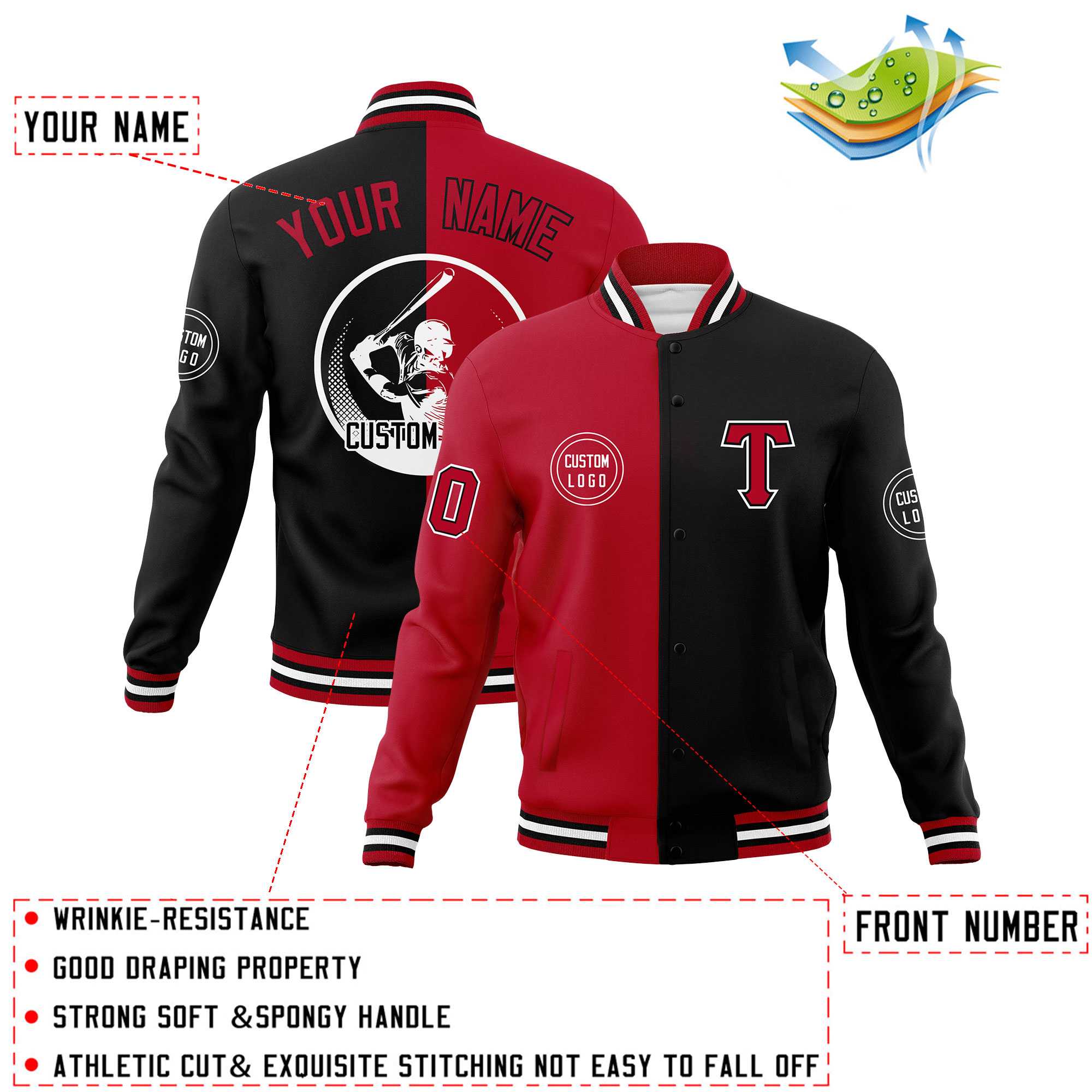 Custom Red Black Varsity Full-Snap Split Letterman Baseball Jacket