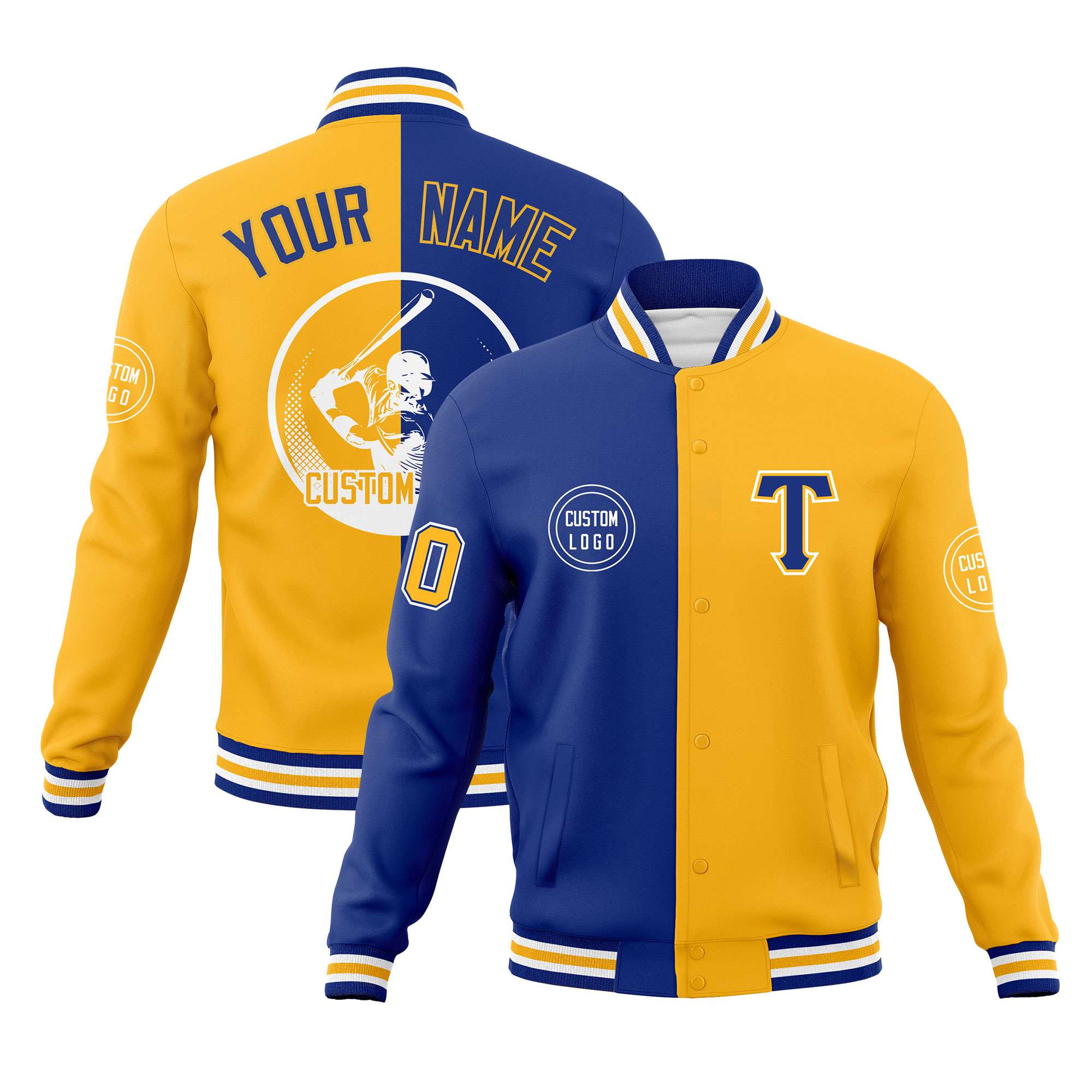 Custom Royal Gold Varsity Full-Snap Split Letterman Baseball Jacket