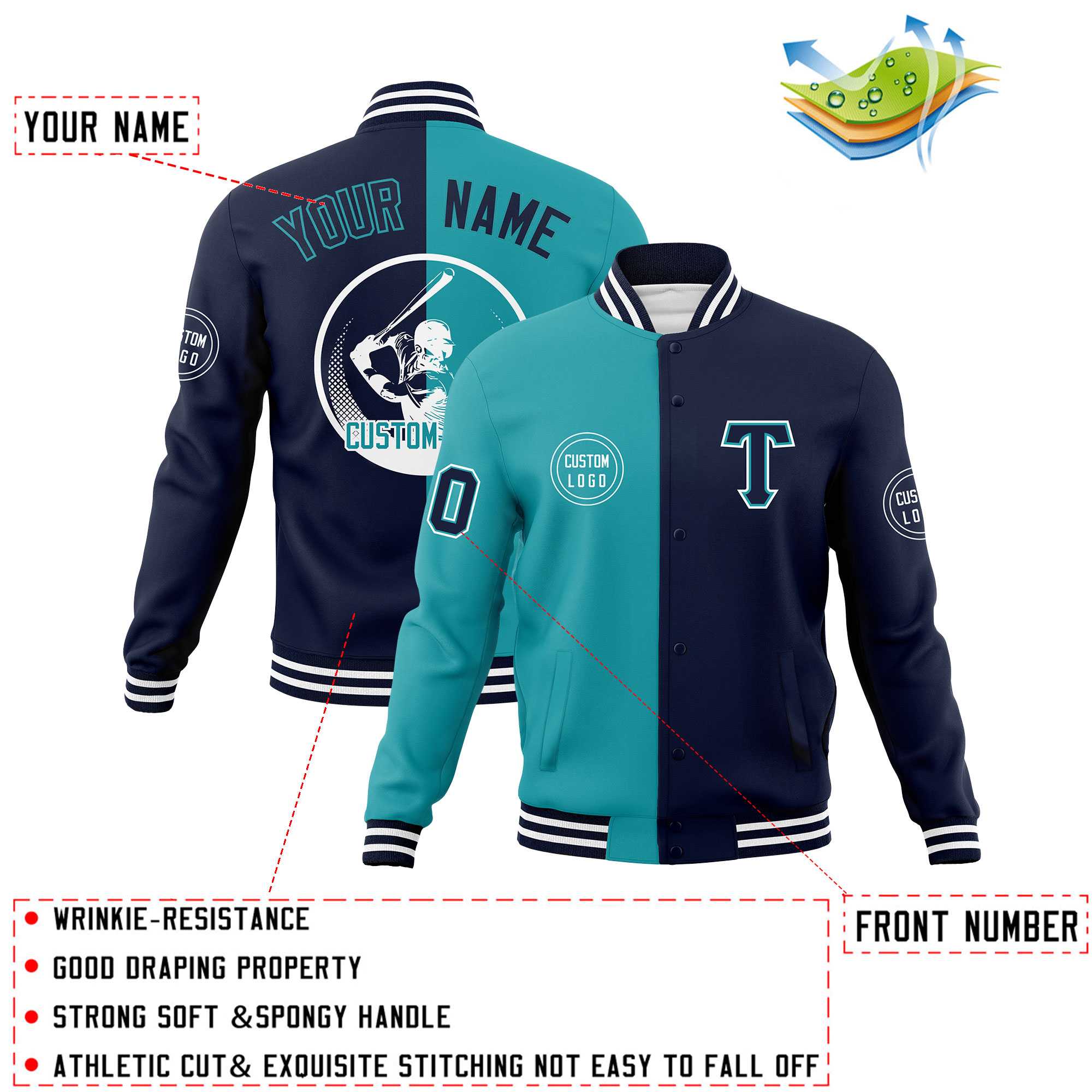 Custom Aqua Navy Varsity Full-Snap Split Letterman Baseball Jacket