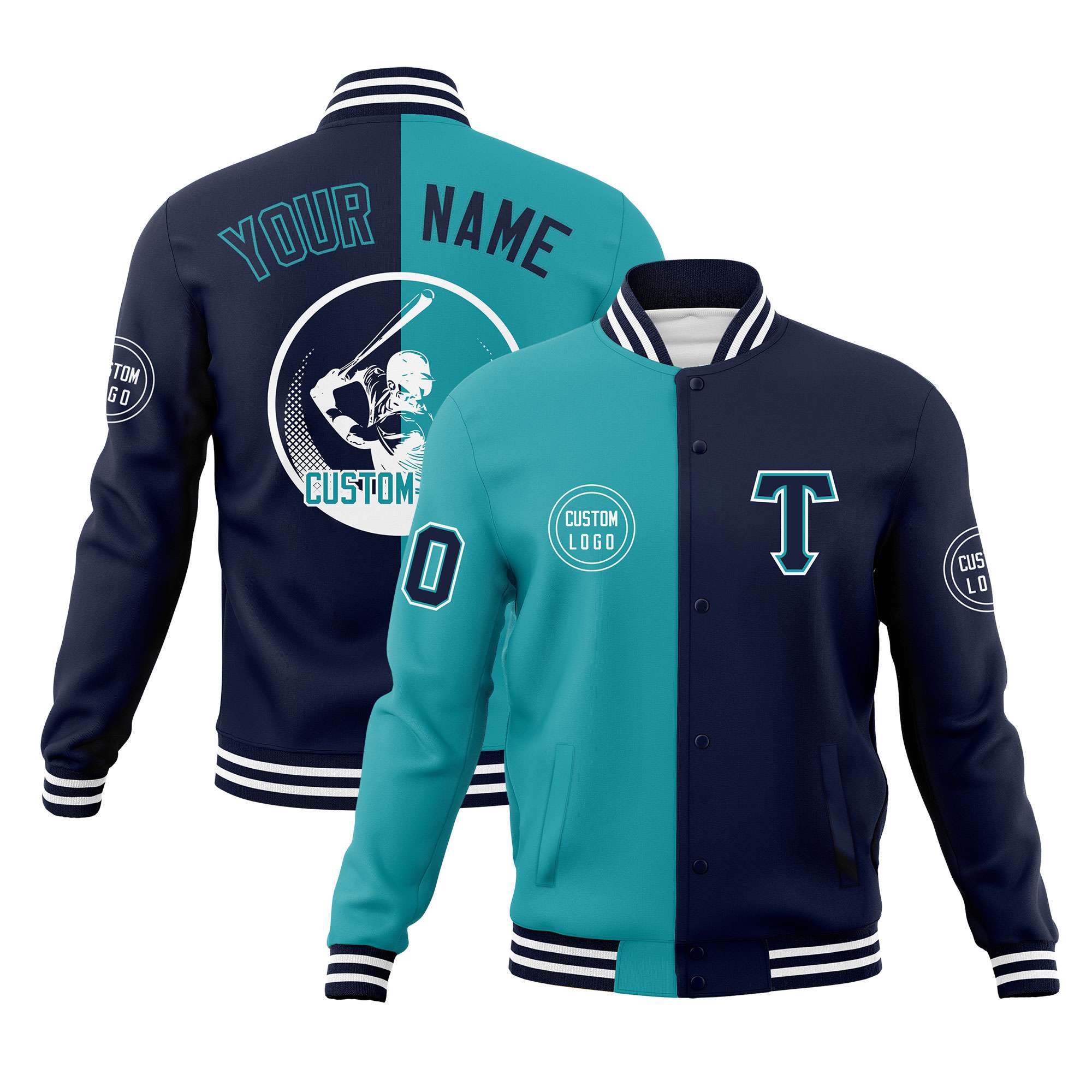 Custom Aqua Navy Varsity Full-Snap Split Letterman Baseball Jacket