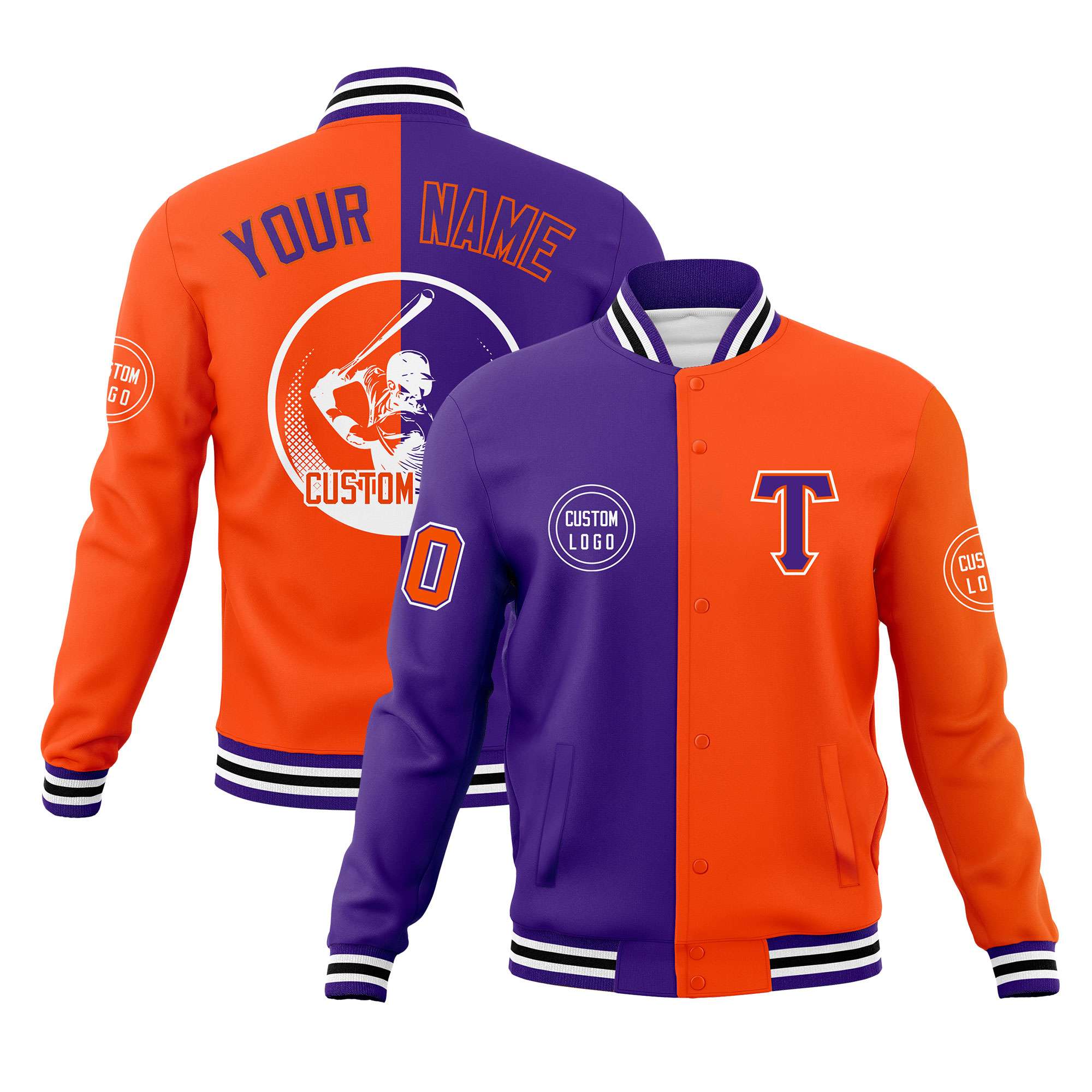 Custom Purple Orange Varsity Full-Snap Split Letterman Baseball Jacket