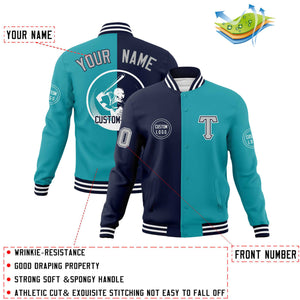 Custom Navy Aqua Varsity Full-Snap Split Letterman Baseball Jacket