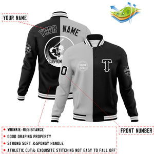 Custom Gray Black Varsity Full-Snap Split Letterman Baseball Jacket