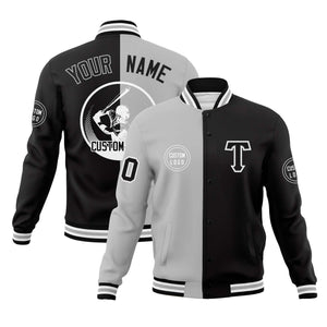 Custom Gray Black Varsity Full-Snap Split Letterman Baseball Jacket