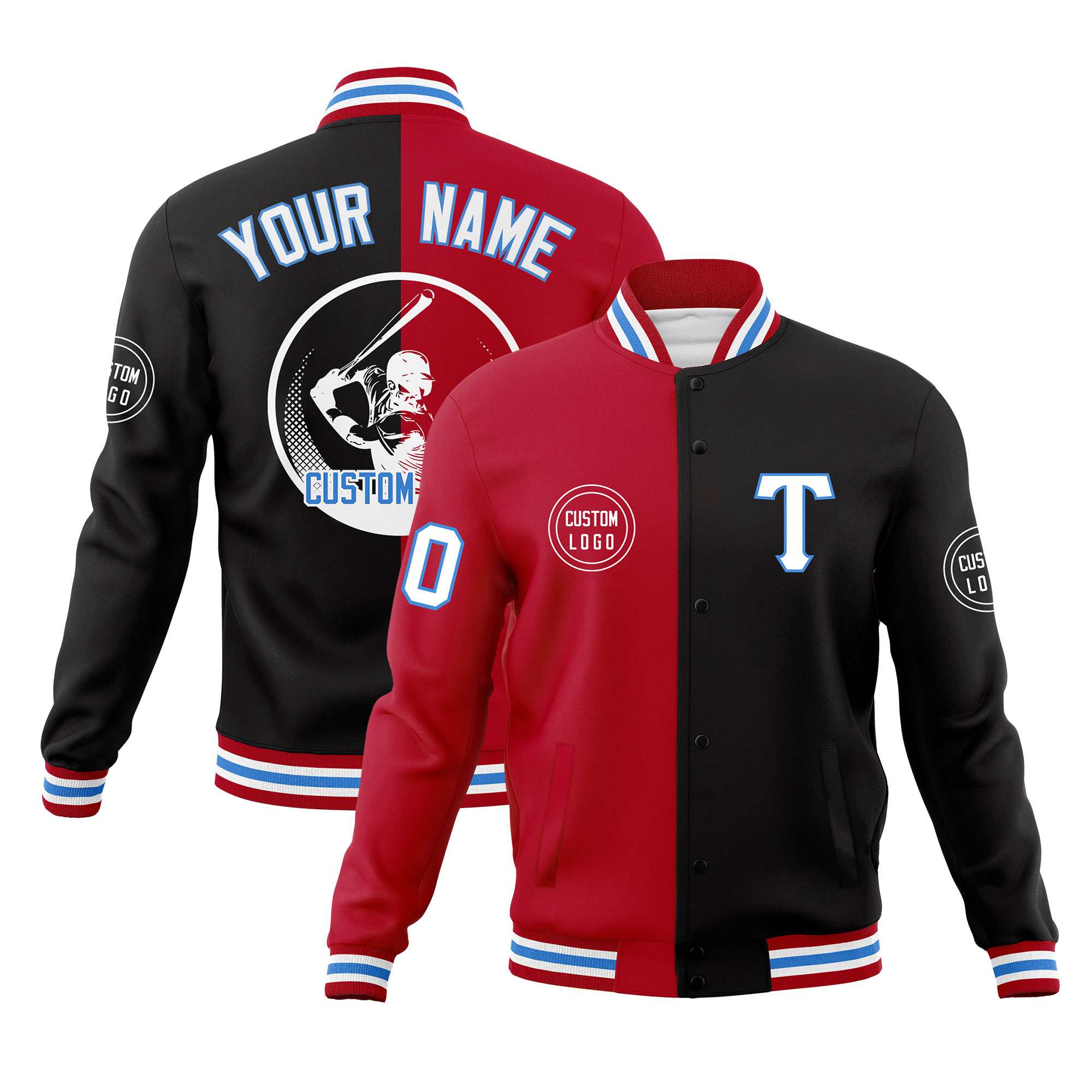 Custom Red Black Varsity Full-Snap Split Letterman Baseball Jacket