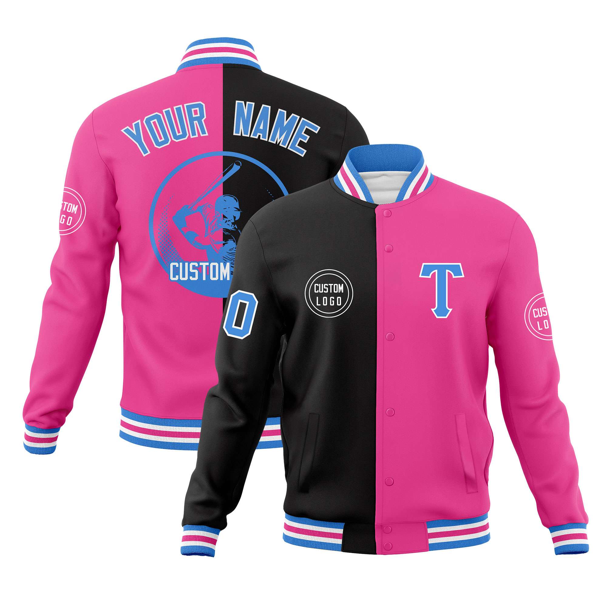 Custom Black Pink Varsity Full-Snap Split Letterman Baseball Jacket