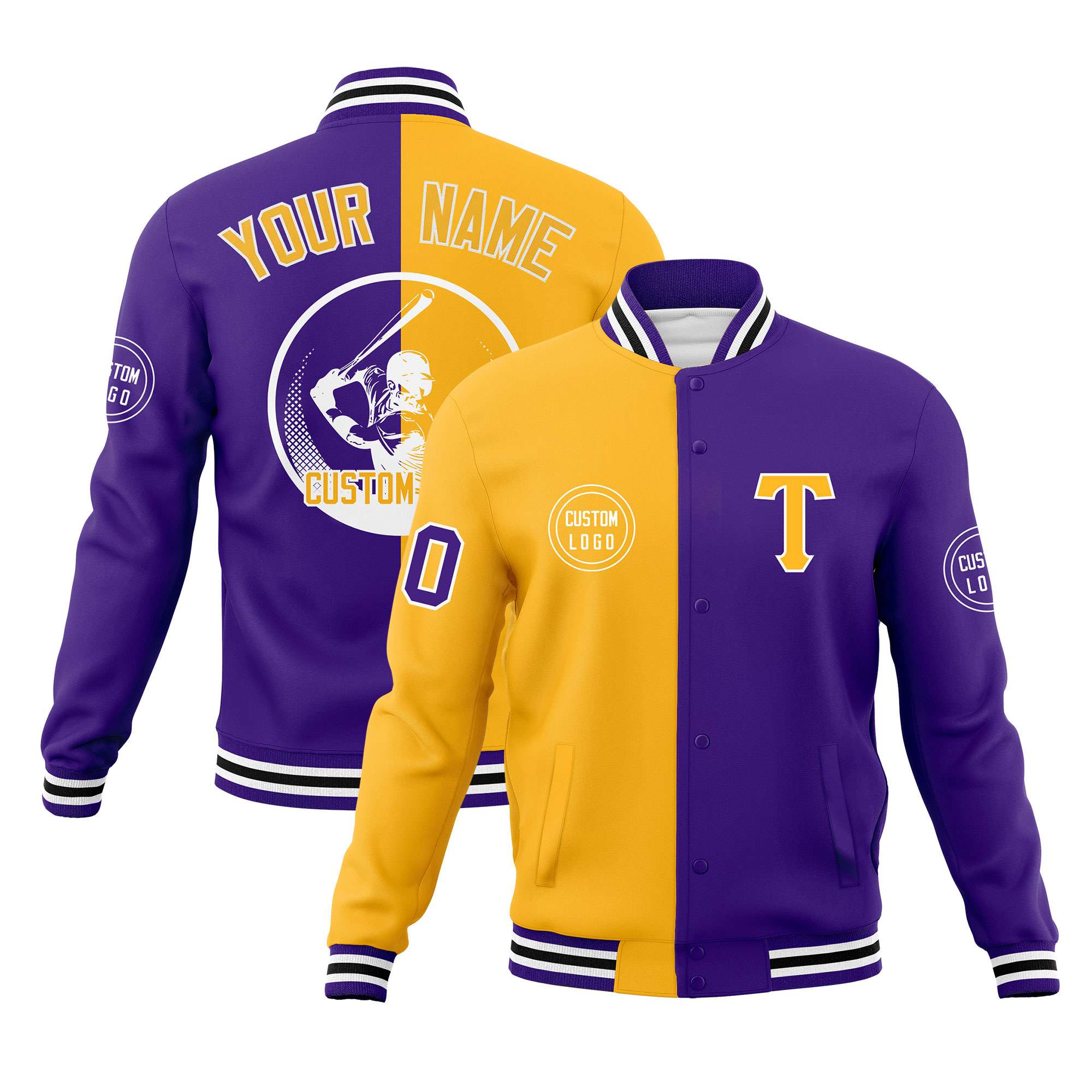 Custom Gold Purple Varsity Full-Snap Split Letterman Baseball Jacket