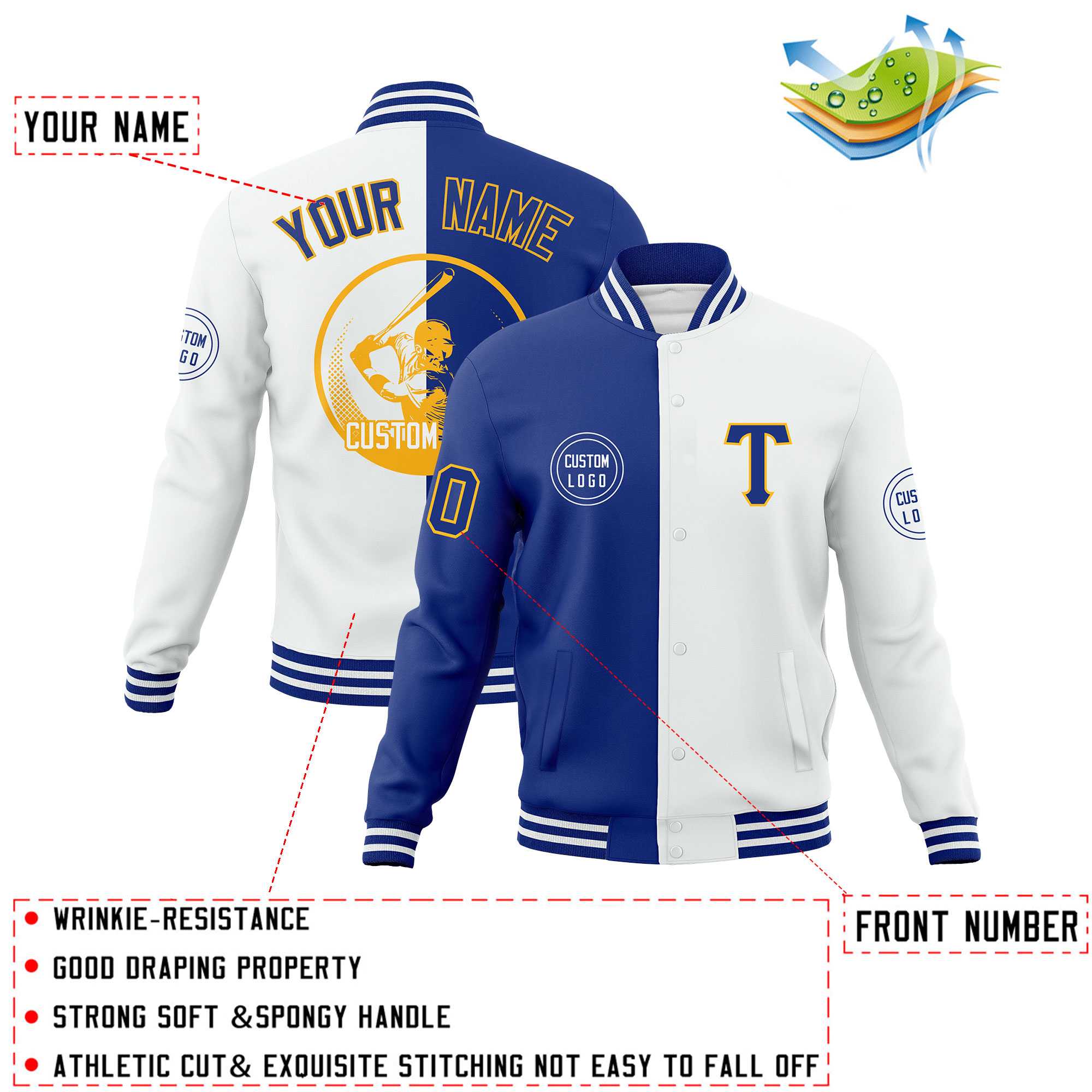 Custom Royal White Varsity Full-Snap Split Letterman Baseball Jacket