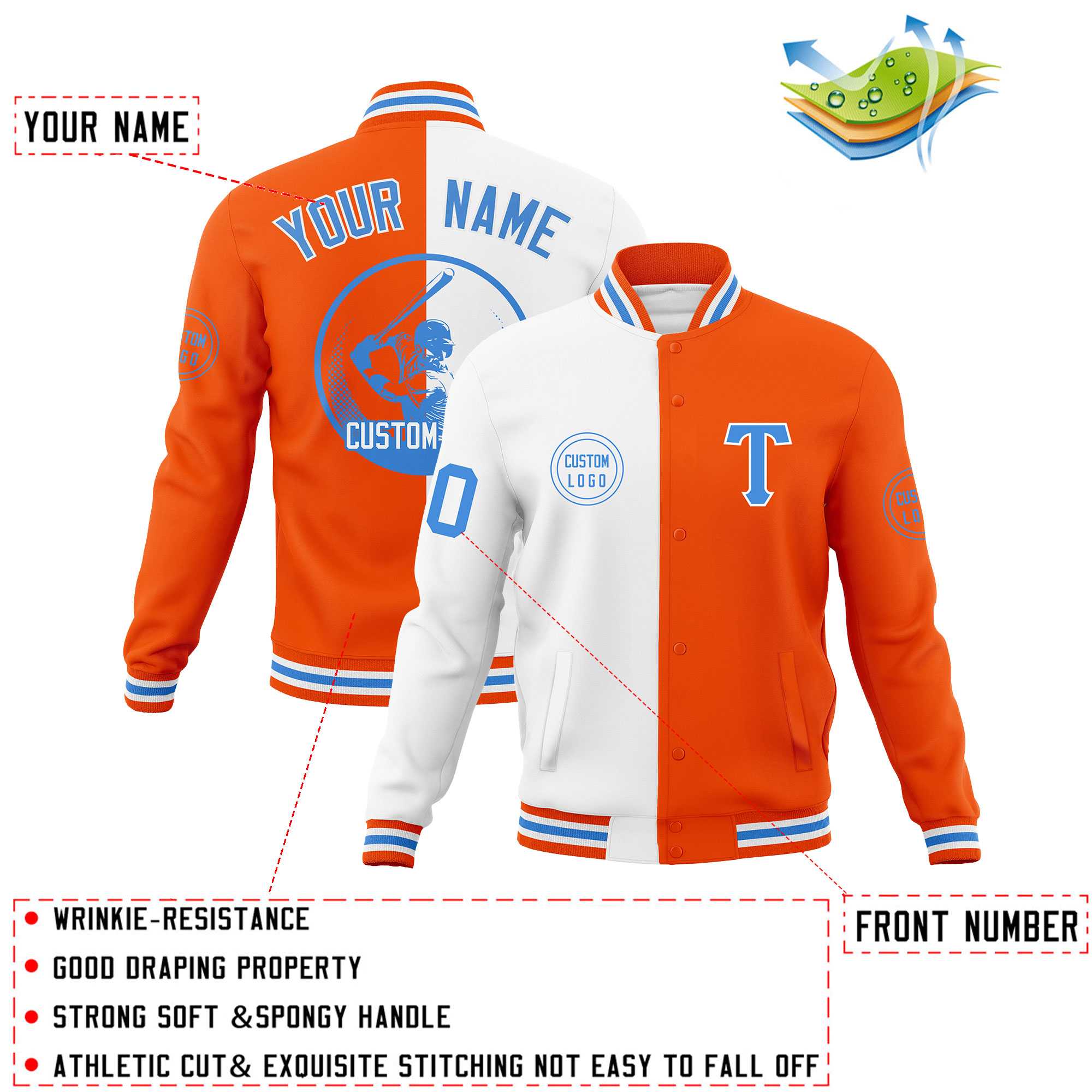 Custom White Orange Varsity Full-Snap Split Letterman Baseball Jacket