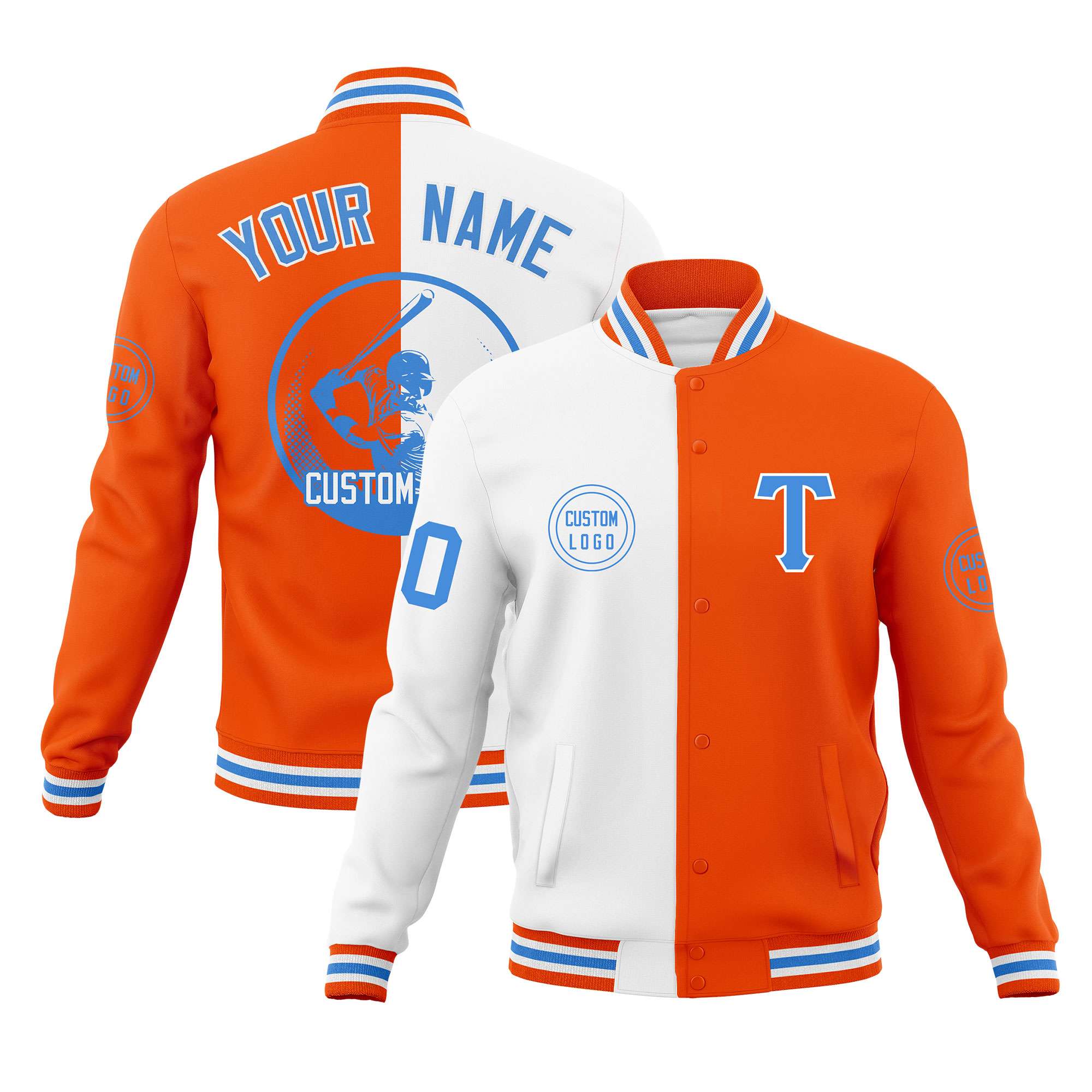 Custom White Orange Varsity Full-Snap Split Letterman Baseball Jacket