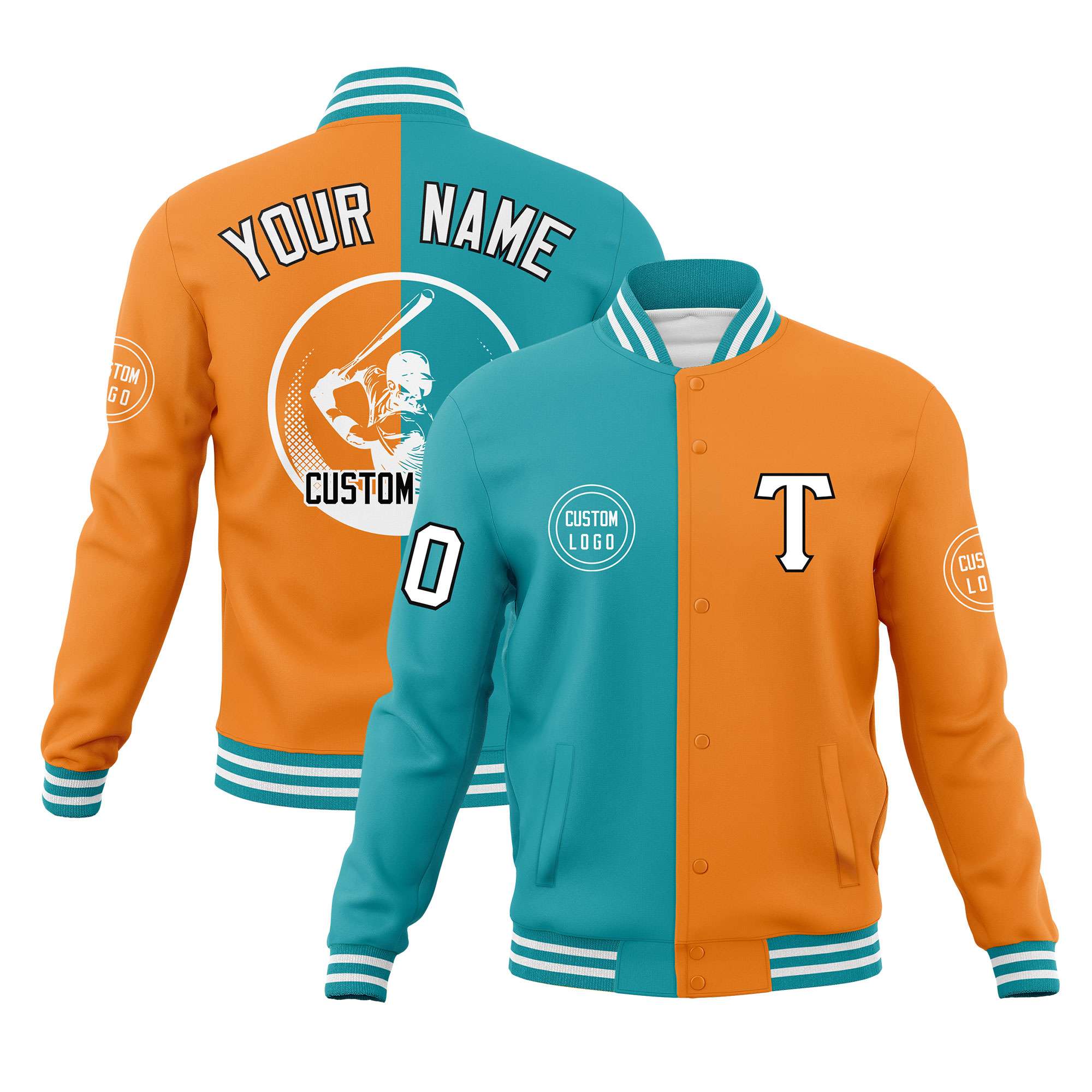 Custom Aqua Orange Varsity Full-Snap Split Letterman Baseball Jacket