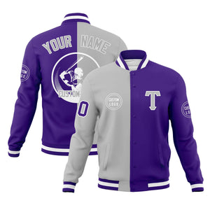 Custom Gray Purple Varsity Full-Snap Split Letterman Baseball Jacket