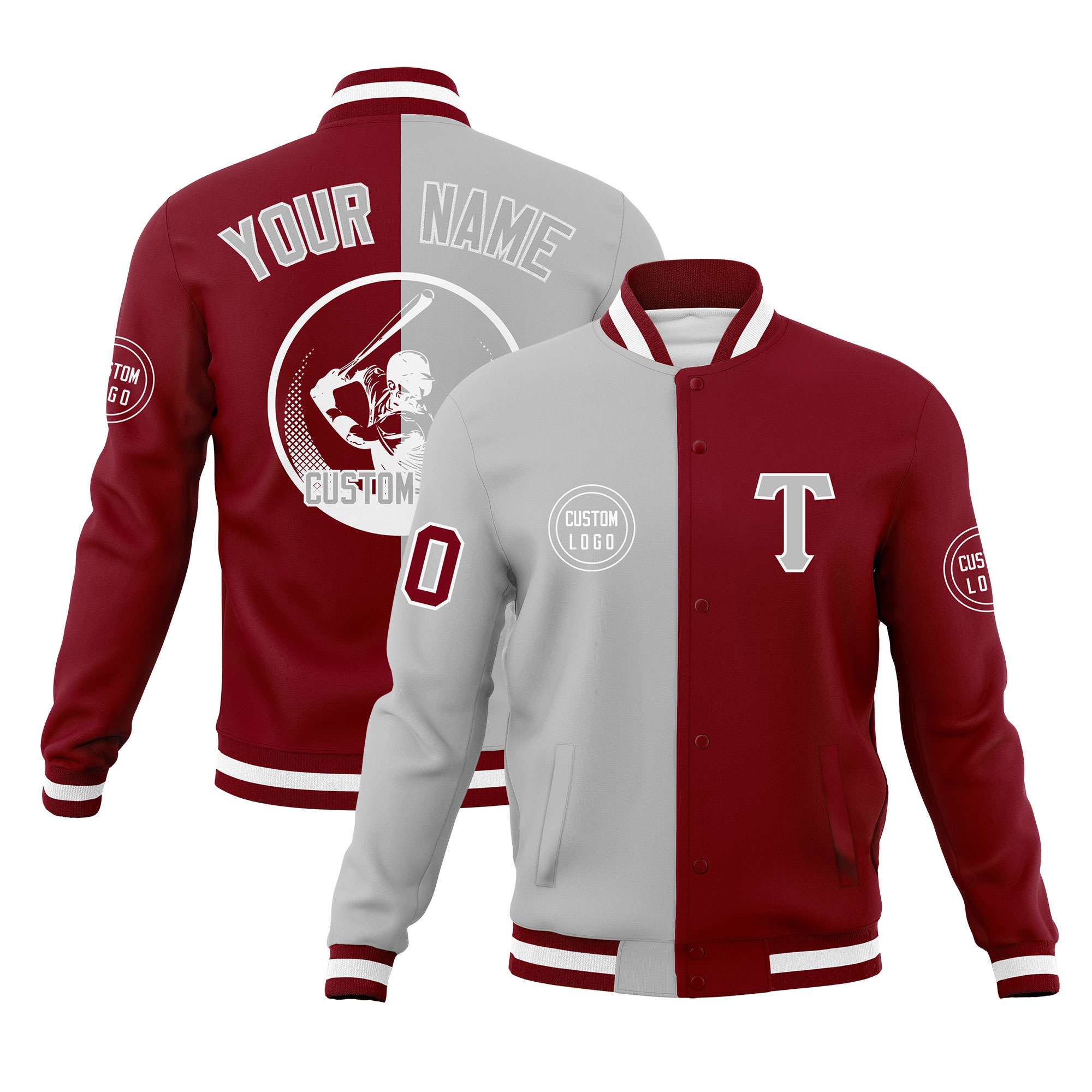 Custom Gray Crimson Varsity Full-Snap Split Letterman Baseball Jacket