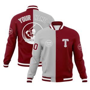 Custom Gray Crimson Varsity Full-Snap Split Letterman Baseball Jacket