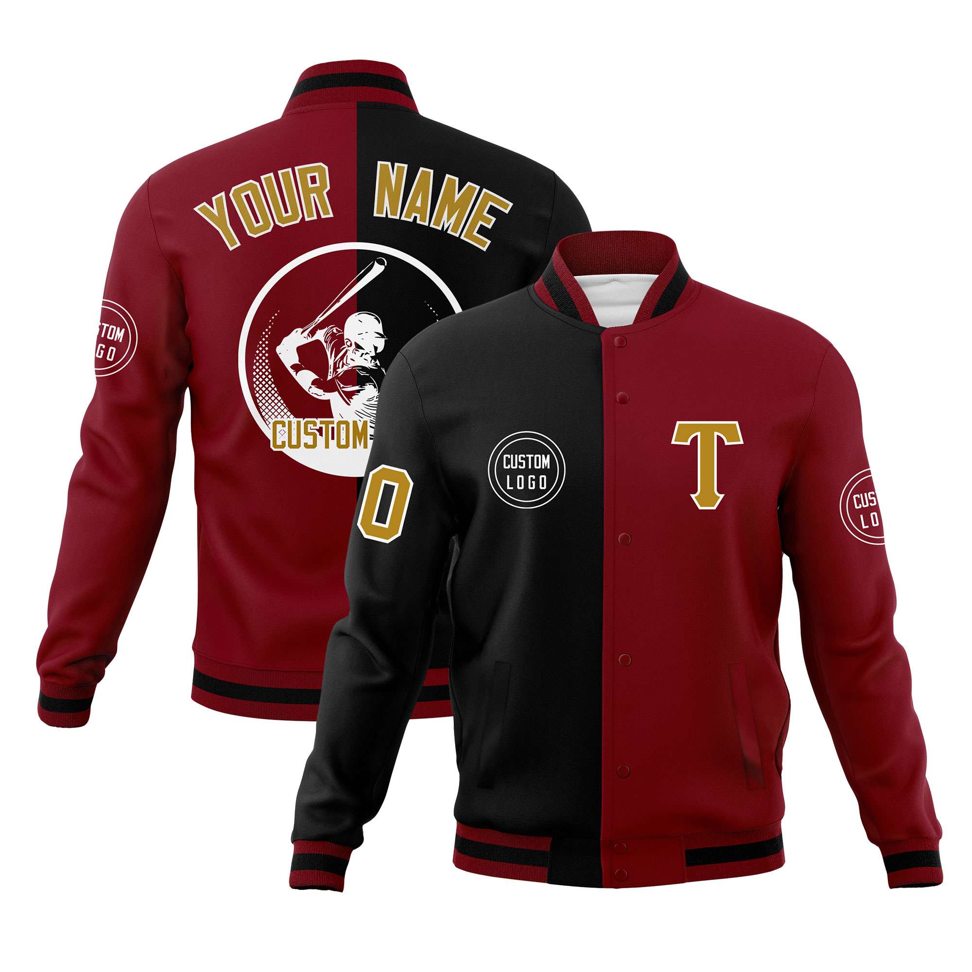 Custom Black Crimson Varsity Full-Snap Split Letterman Baseball Jacket