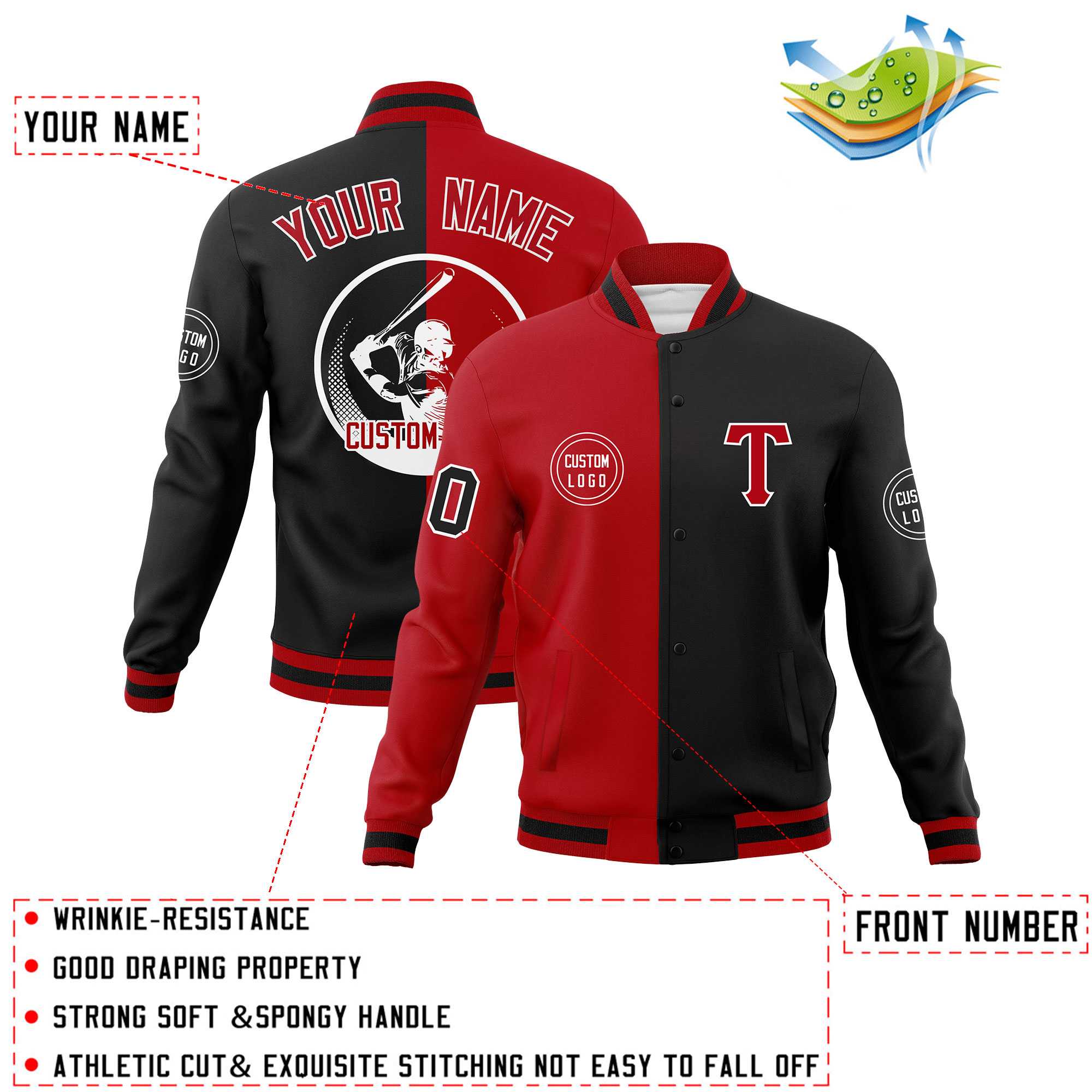 Custom Red Black Varsity Full-Snap Split Letterman Baseball Jacket