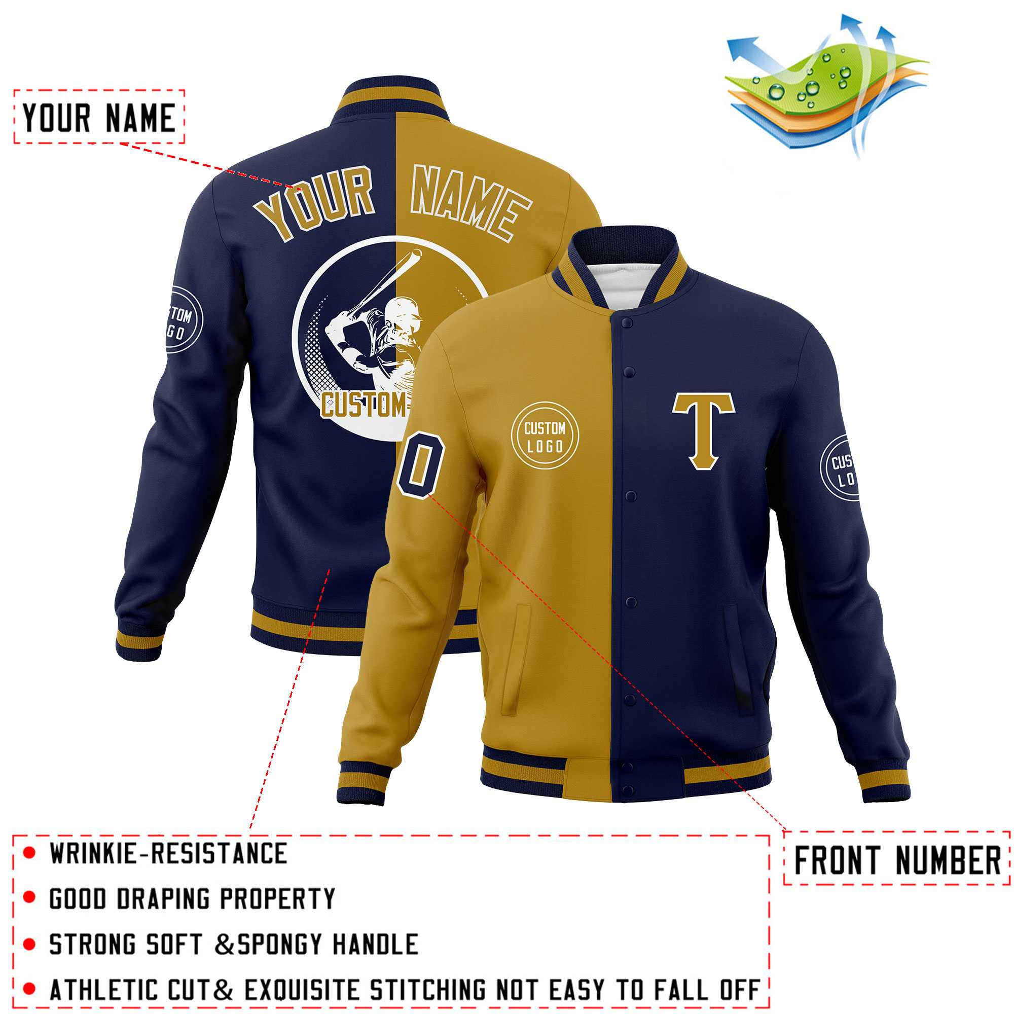 Custom Old Gold Navy Varsity Full-Snap Split Letterman Baseball Jacket