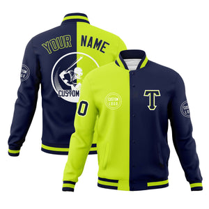 Custom Neon Green Navy Varsity Full-Snap Split Letterman Baseball Jacket