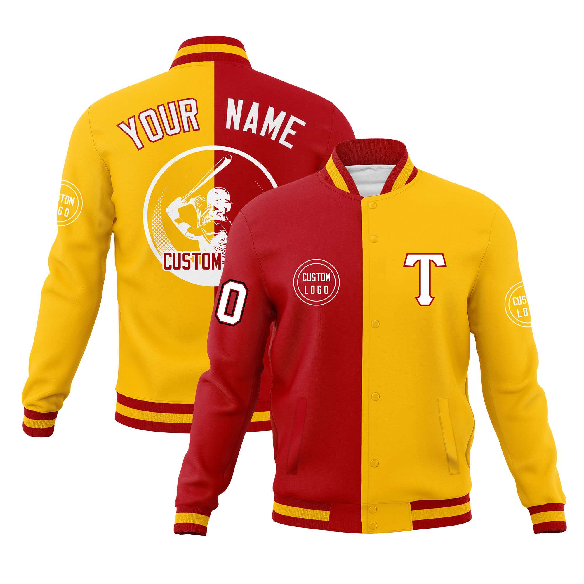 Custom Red Gold Varsity Full-Snap Split Letterman Baseball Jacket