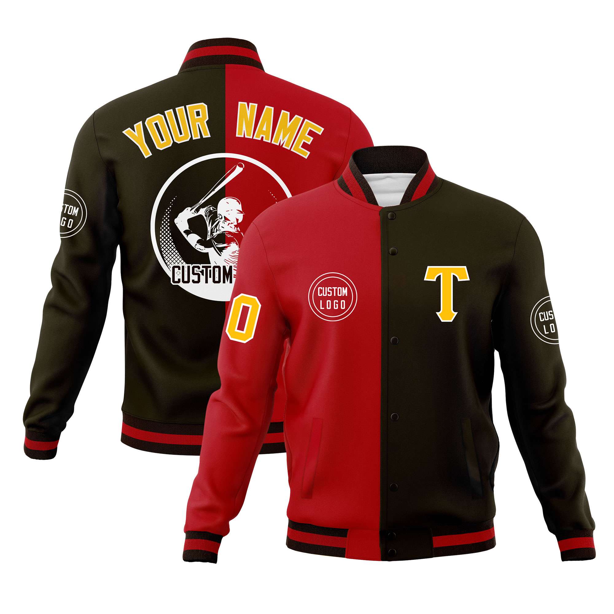 Custom Red Brown Varsity Full-Snap Split Letterman Baseball Jacket