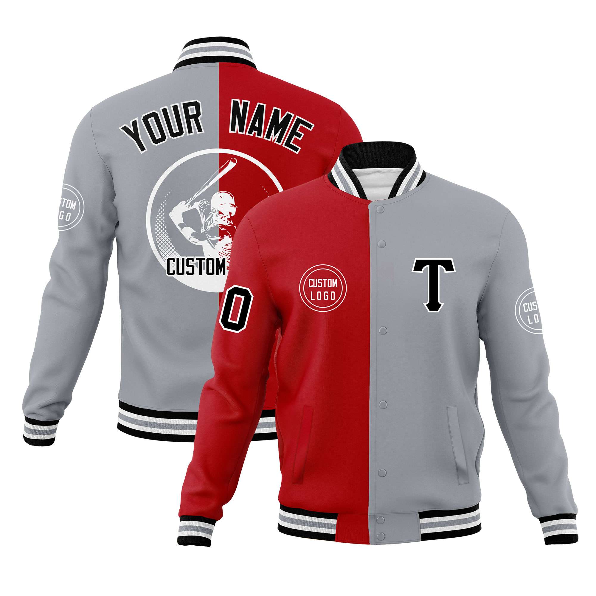 Custom Red Gray Varsity Full-Snap Split Letterman Baseball Jacket