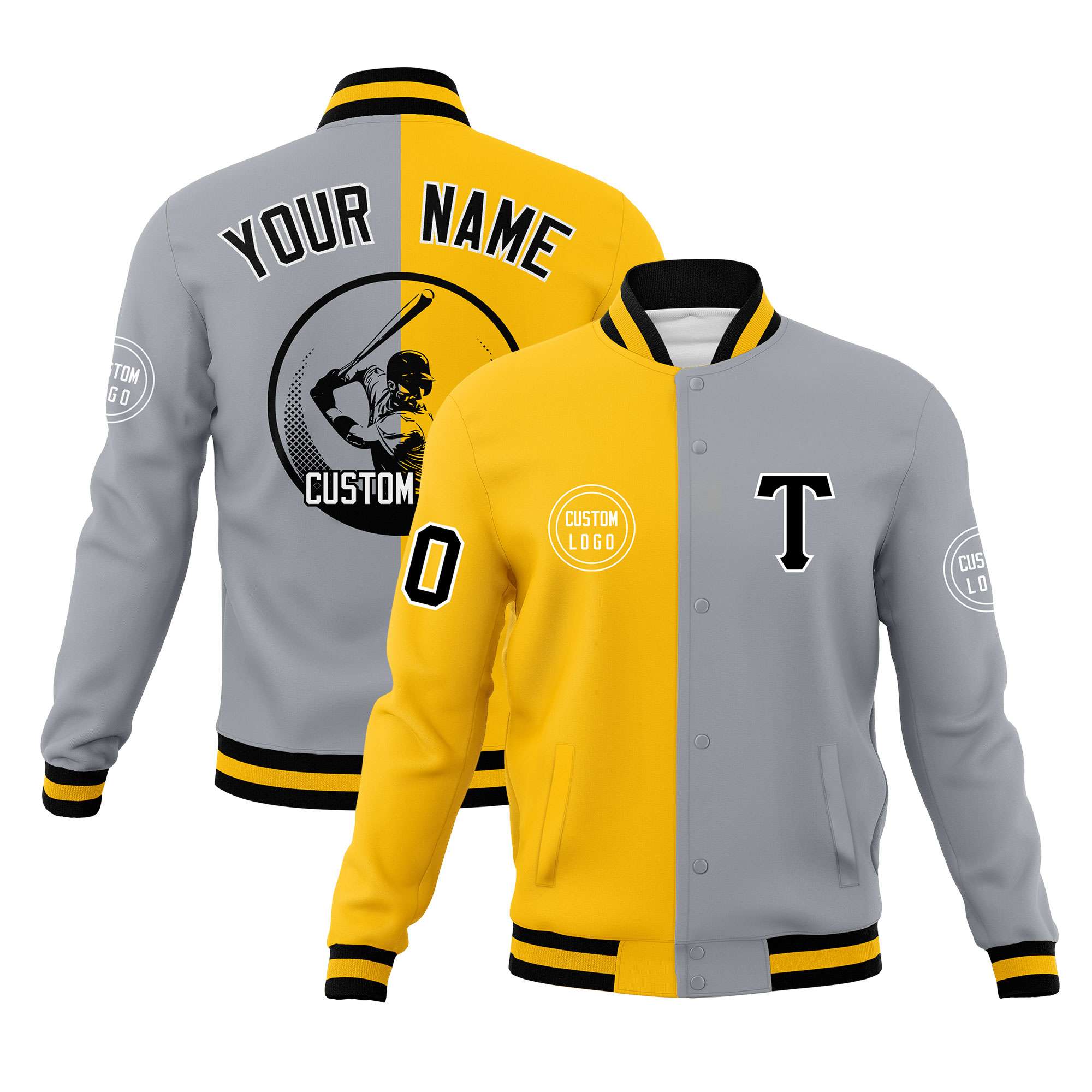 Custom Gold Gray Varsity Full-Snap Split Letterman Baseball Jacket