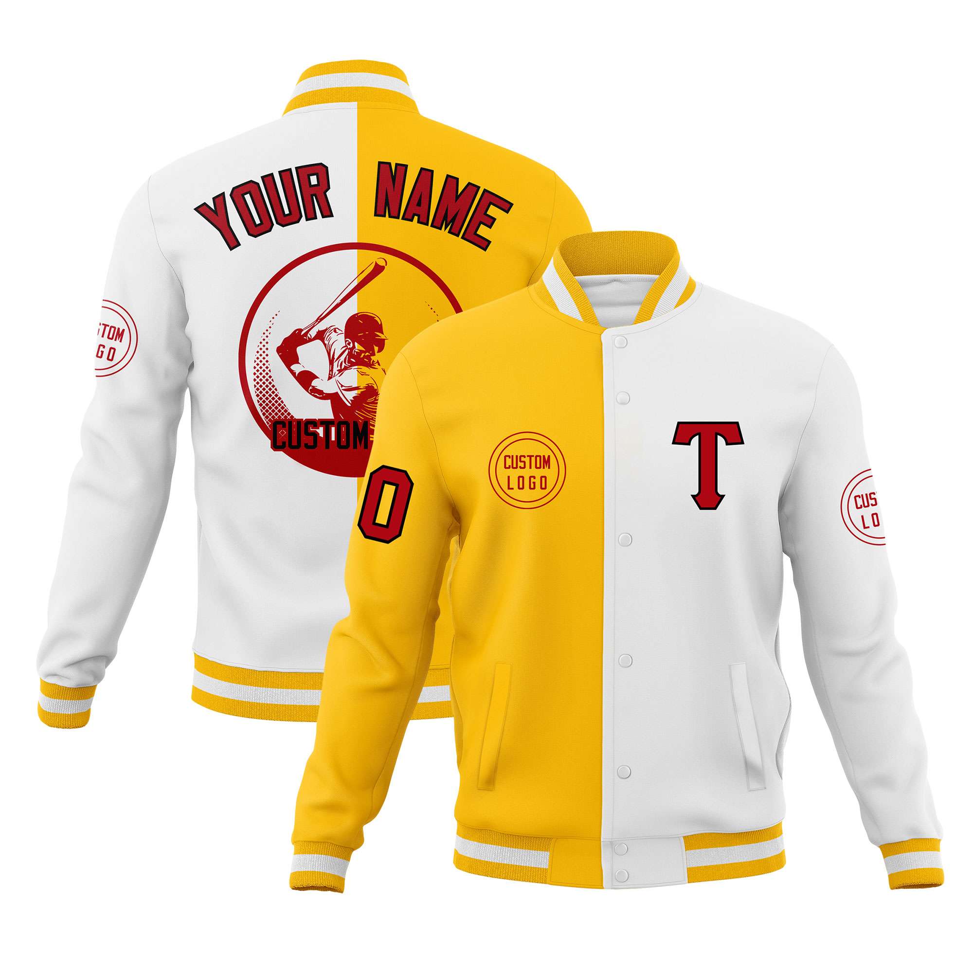 Custom Gold White Varsity Full-Snap Split Letterman Baseball Jacket