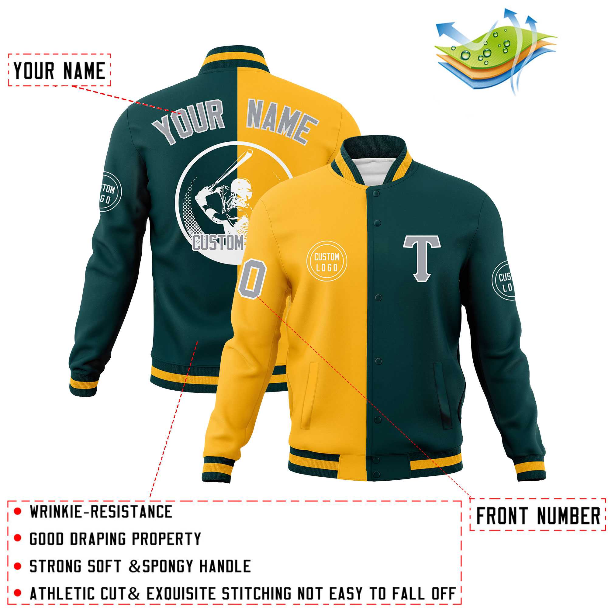 Custom Gold Midnight Green Varsity Full-Snap Split Letterman Baseball Jacket