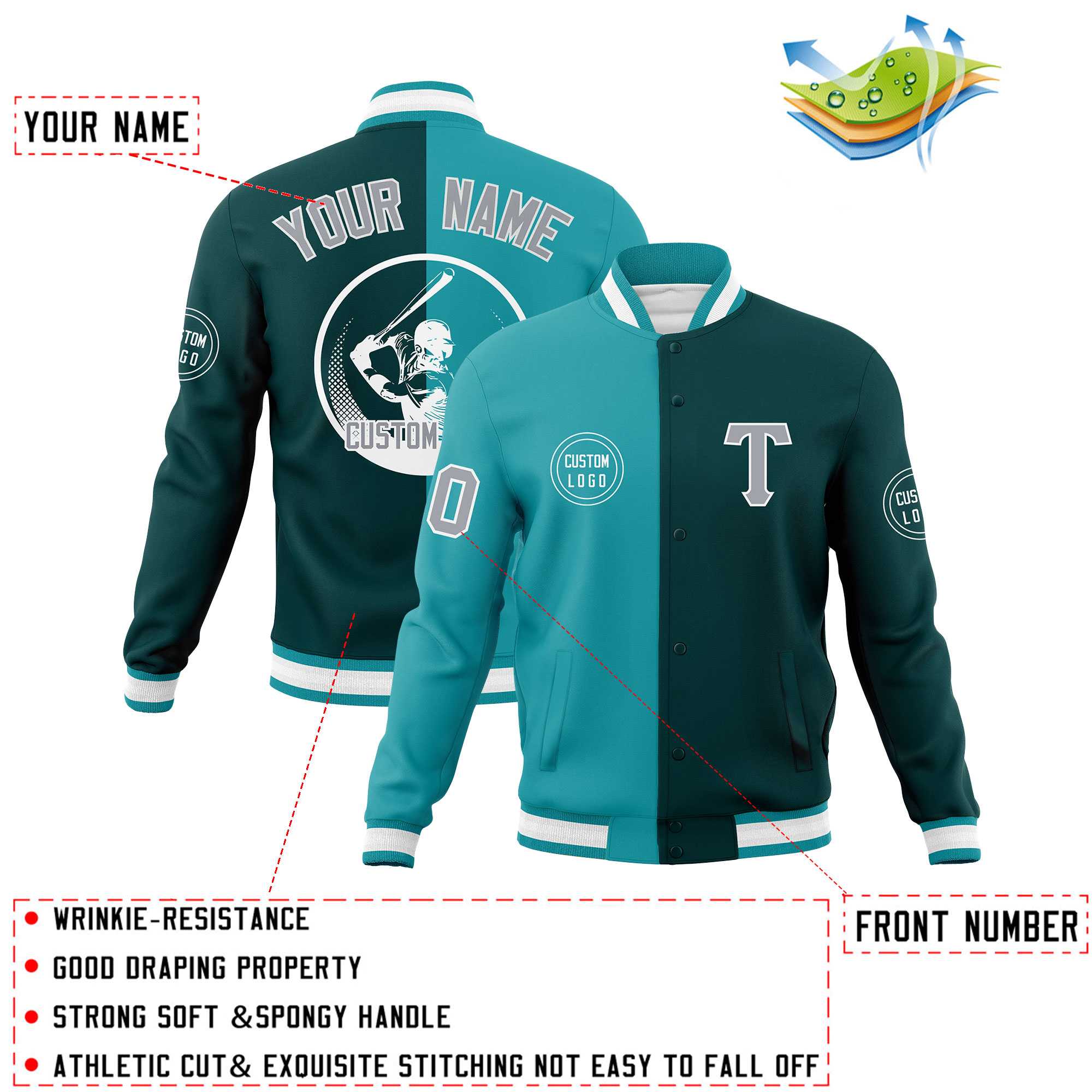 Custom Aqua Midnight Green Varsity Full-Snap Split Letterman Baseball Jacket