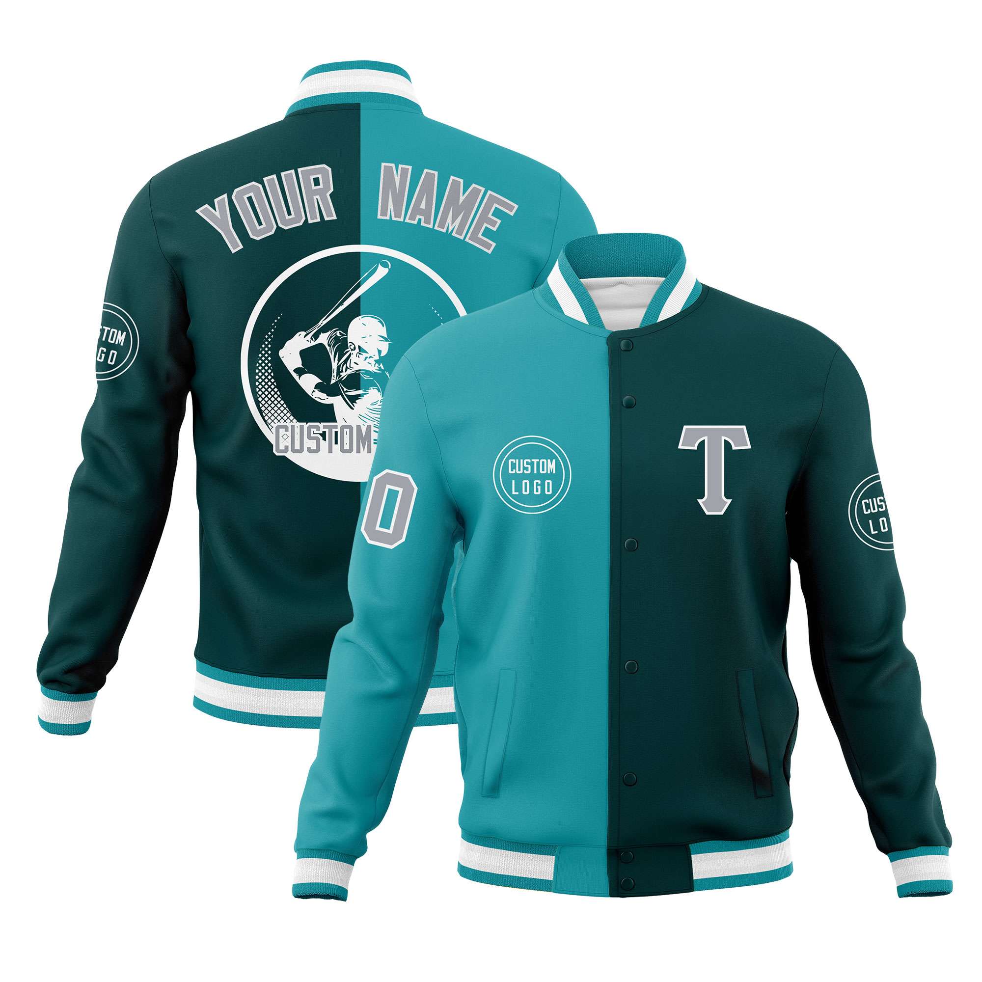 Custom Aqua Midnight Green Varsity Full-Snap Split Letterman Baseball Jacket