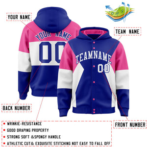 Custom Royal Pink-White Color Block Varsity Full-Snap Letterman Hoodie Jacket