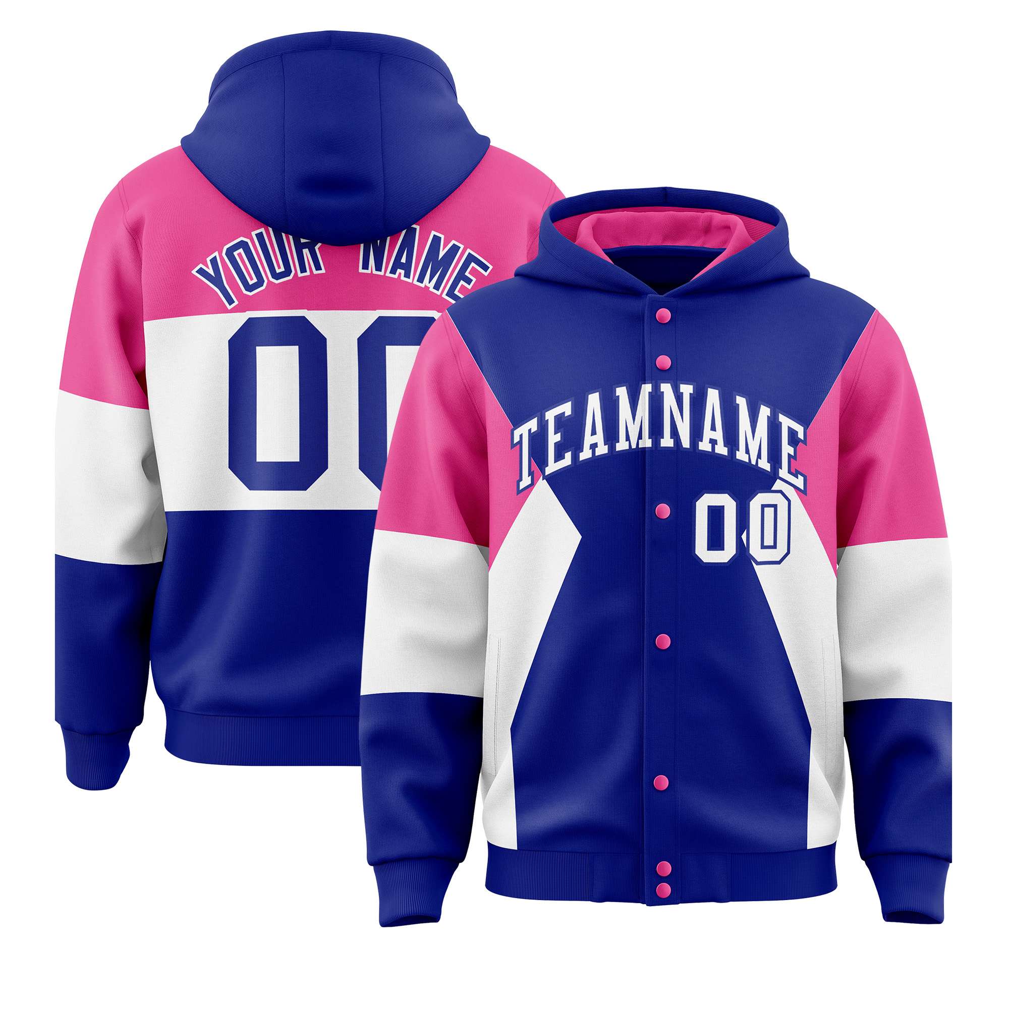 Custom Royal Pink-White Color Block Varsity Full-Snap Letterman Hoodie Jacket