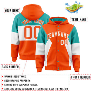 Custom Orange Aqua-White Color Block Varsity Full-Snap Letterman Hoodie Jacket