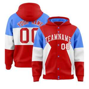 Custom Red Powder Blue-White Color Block Varsity Full-Snap Letterman Hoodie Jacket