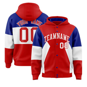 Custom Red Royal-White Color Block Varsity Full-Snap Letterman Hoodie Jacket