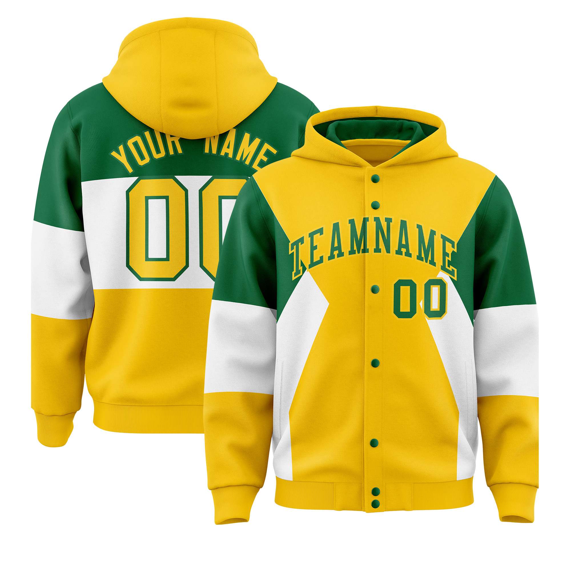 Custom Gold Kelly Green-White Color Block Varsity Full-Snap Letterman Hoodie Jacket