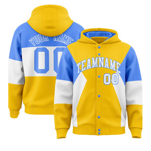 Custom Gold Powder Blue-White Color Block Varsity Full-Snap Letterman Hoodie Jacket