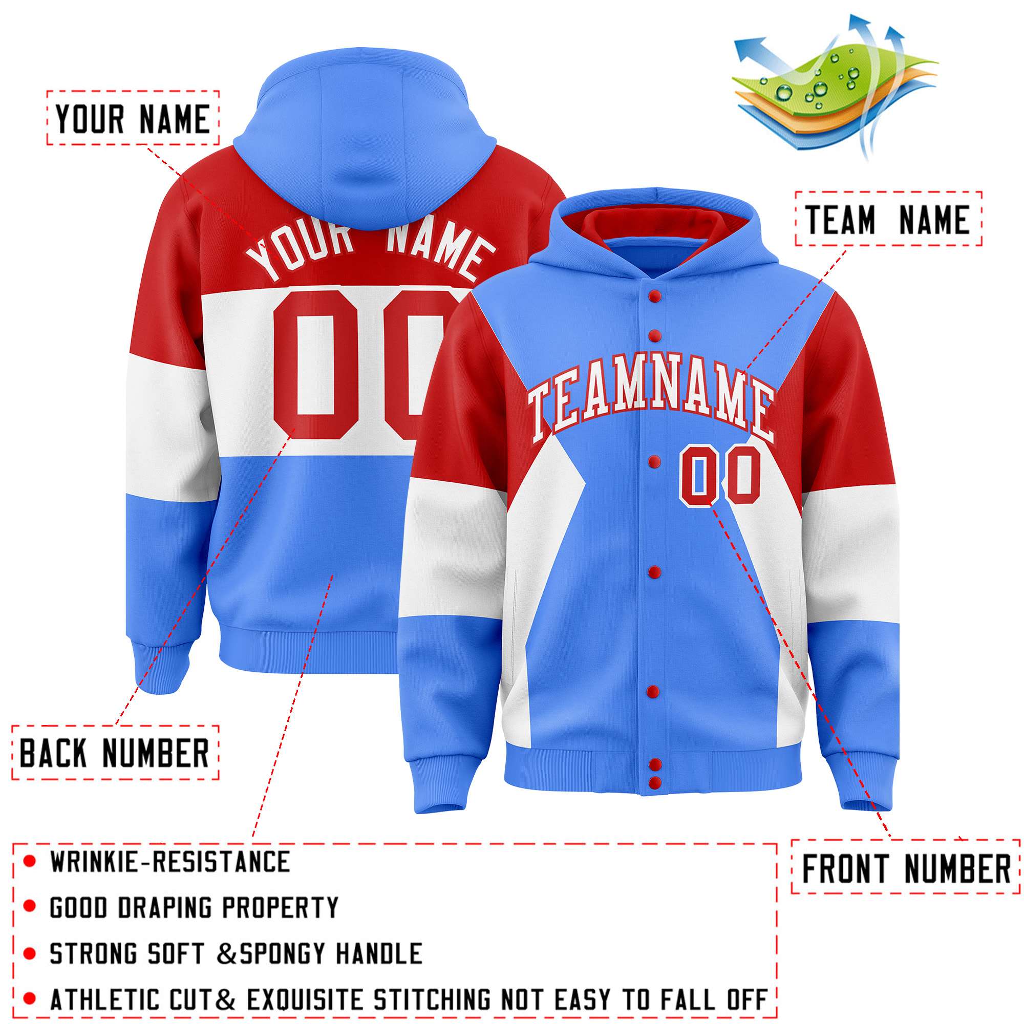 Custom Powder Blue Red-White Color Block Varsity Full-Snap Letterman Hoodie Jacket