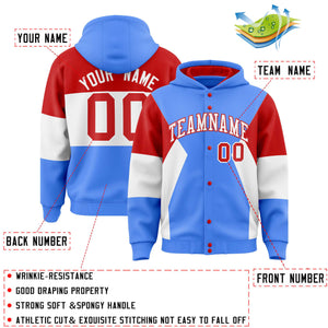 Custom Powder Blue Red-White Color Block Varsity Full-Snap Letterman Hoodie Jacket