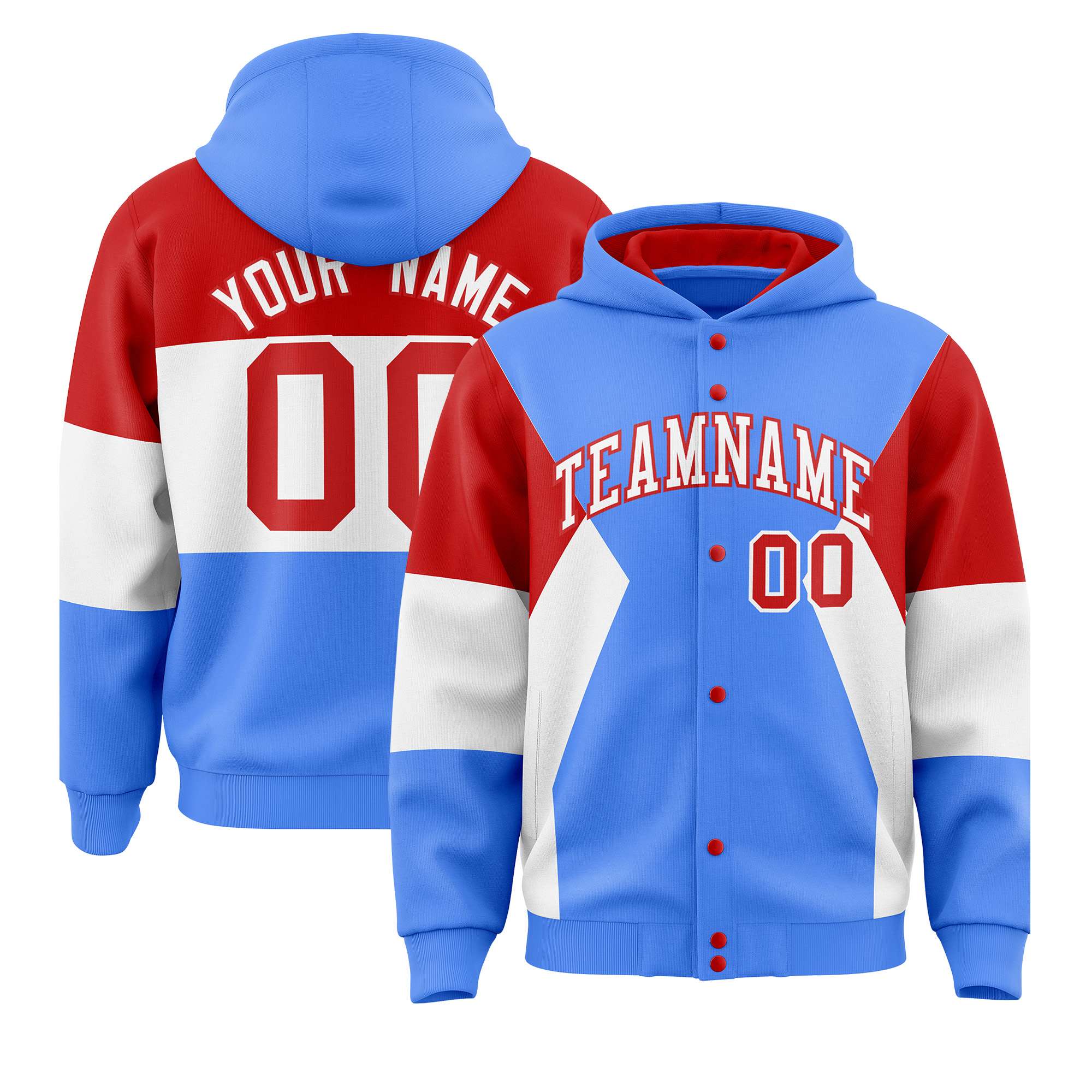 Custom Powder Blue Red-White Color Block Varsity Full-Snap Letterman Hoodie Jacket