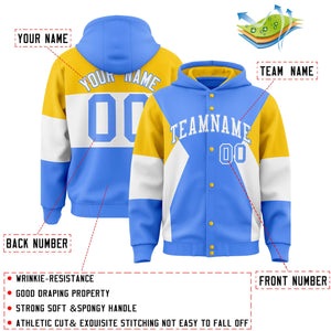 Custom Powder Blue Gold-White Color Block Varsity Full-Snap Letterman Hoodie Jacket