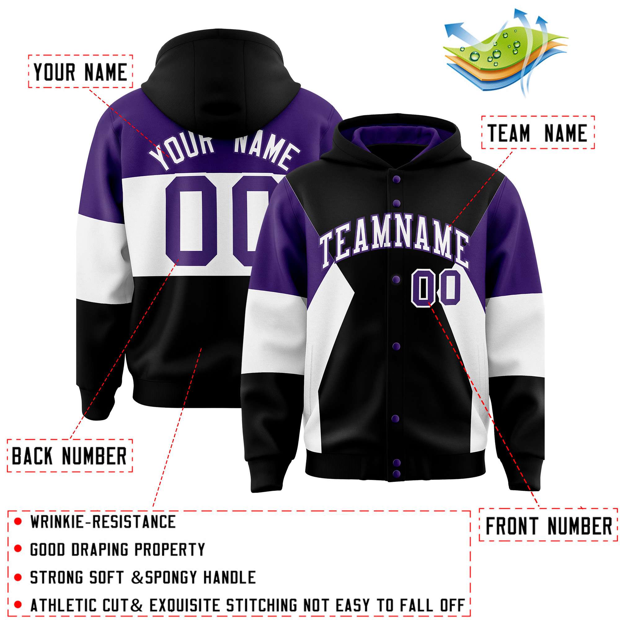 Custom Black Purple-White Color Block Varsity Full-Snap Letterman Hoodie Jacket