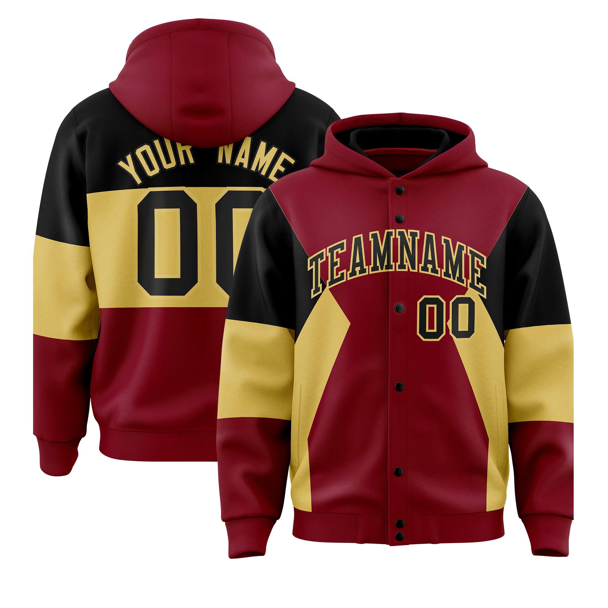 Custom Crimson Black-Khaki Color Block Varsity Full-Snap Letterman Hoodie Jacket