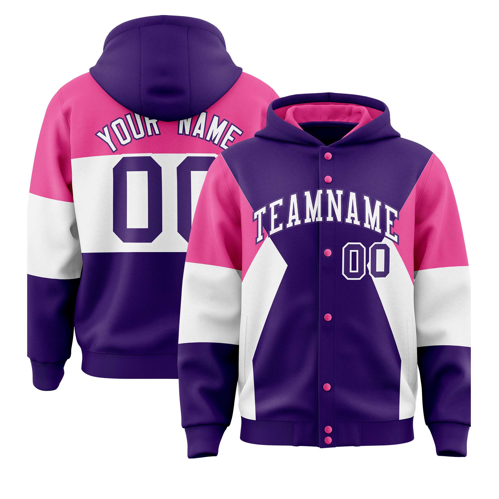 Custom Purple Pink-White Color Block Varsity Full-Snap Letterman Hoodie Jacket